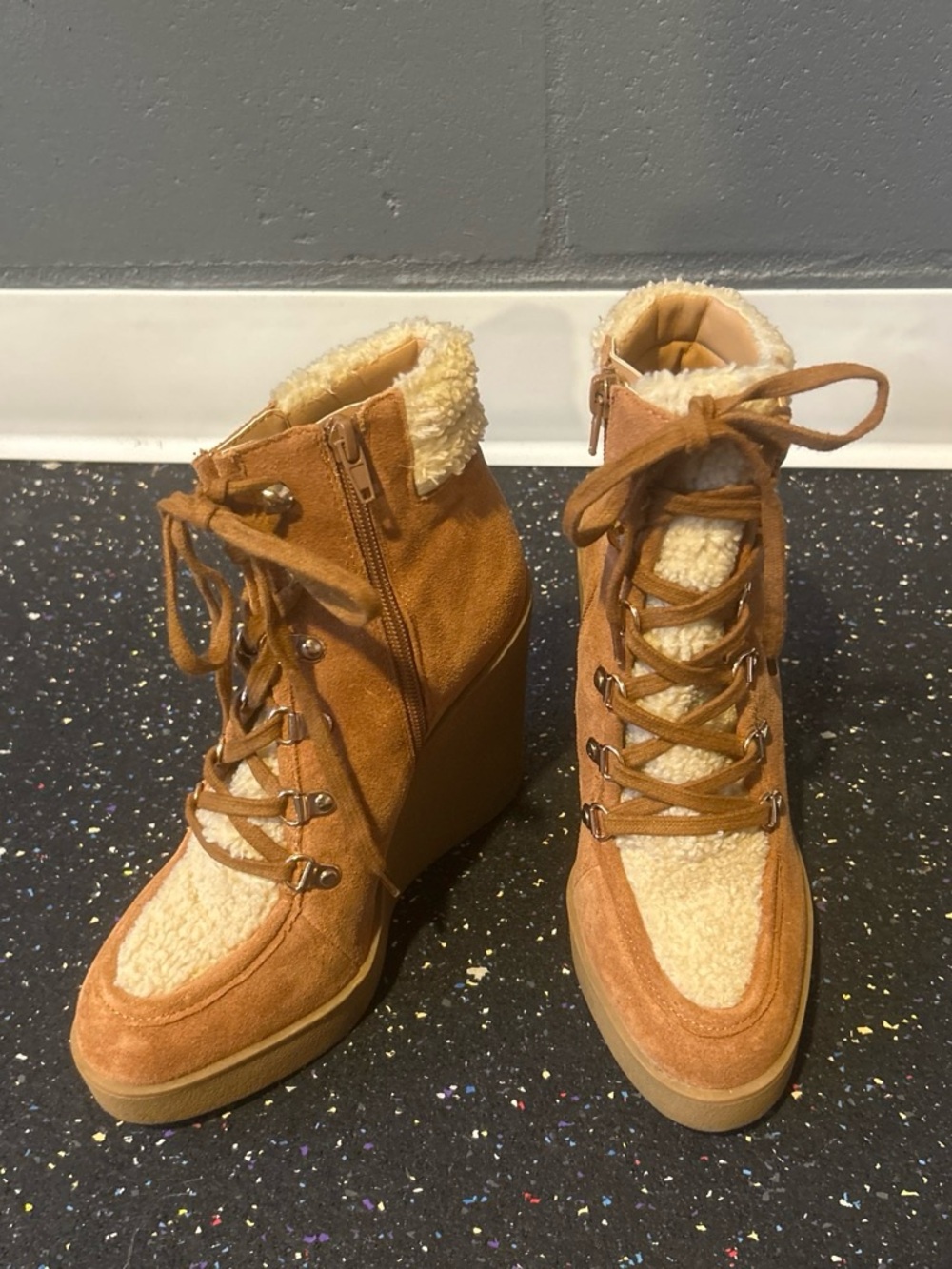 Jessica Simpson Wedge Lace-Up Sherpa Ankle Boots in Tan